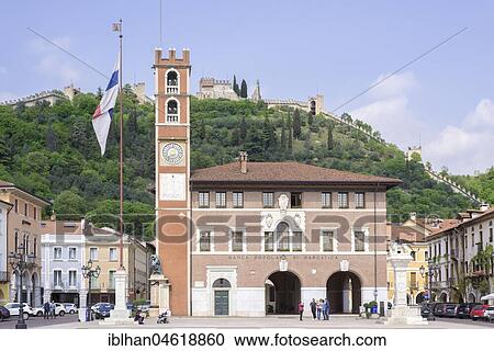 Stock Image - Town Hall, rear wall with Castello Superiore, Marostica, Veneto, Italy, Europe. Fotosearch