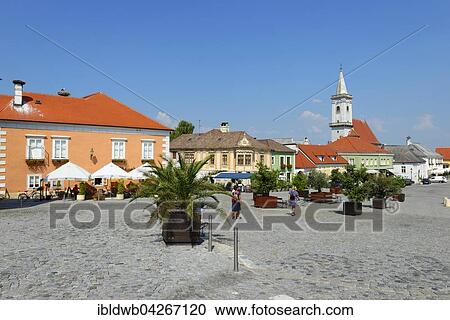 Stock Image - Town Hall Square with the church, the main square, Rust, Lake Neusiedl, North Burgenland, Burgenland, Austria, Europe. Fotosearch