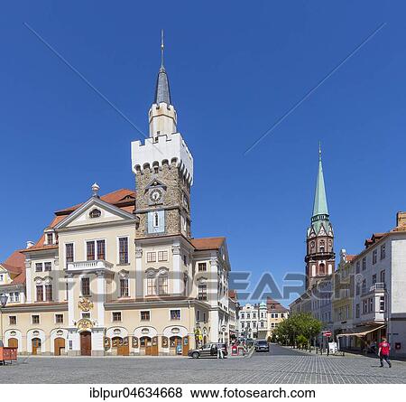 Stock Photo - Town hall with church St. Nikolai, Löbau, Saxony, Germany, Europe. Fotosearch