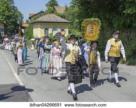 Stock Image - Traditional parade on the Schliersee church day, Kirchtag, through the town, Schliersee, Bavaria, Germany, Europe. Fotosearch