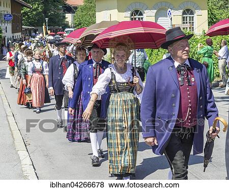 Stock Photo - Traditional parade on the Schliersee church day, Kirchtag, through the town, Schliersee, Bavaria, Germany, Europe. Fotosearch