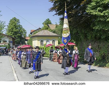 Stock Photograph - Traditional parade on the Schliersee church day, Kirchtag, through the town, Schliersee, Bavaria, Germany, Europe. Fotosearch
