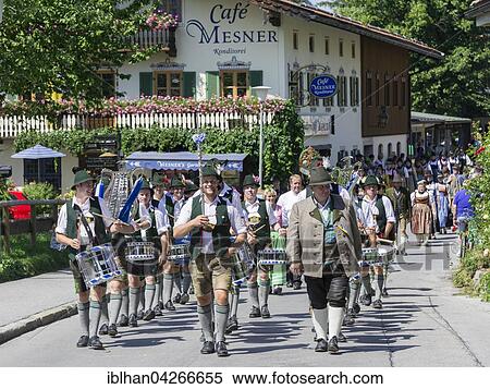 Stock Photography - Traditional parade on the Schliersee church day, Kirchtag, through the town, Schliersee, Bavaria, Germany, Europe. Fotosearch