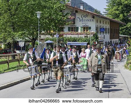 Stock Photography - Traditional parade on the Schliersee church day, Kirchtag, through the town, Schliersee, Bavaria, Germany, Europe. Fotosearch