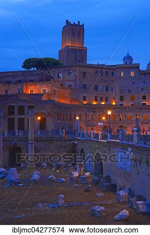 Picture - Trajan's Forum, Foro di Traiano, Trajan's Market at dusk, Roman Forum, Rome, Lazio, Italy, Europe. Fotosearch
