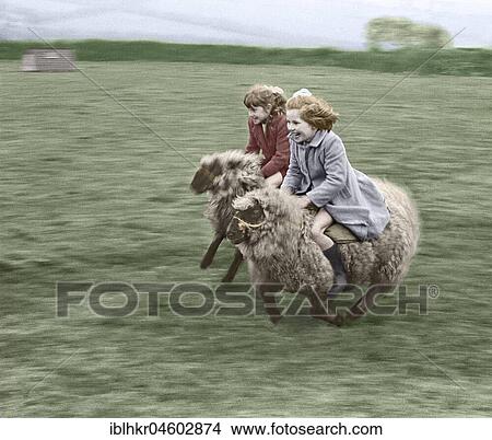 Two children ride on sheep, England, Great Britain View Large Photo Image Picture - Two children ride on sheep, England, Great Britain. Fotosearch