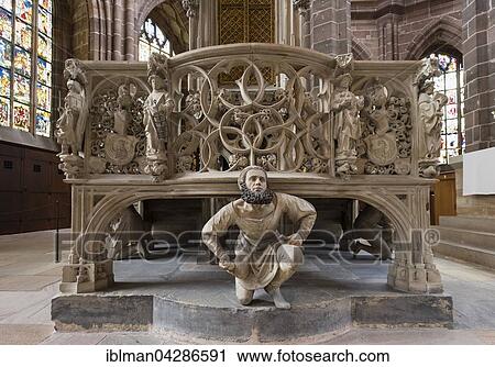 Stock Image - Umgangsbuhne, stage at the sacrament chest with self-portrait of Adam Kraft, St. Lorenz Church, Nuremberg, Middle Franconia, Franconia, Bavaria, Germany, Europe. Fotosearch