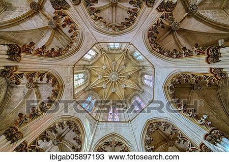 Stock Image - Vaulted ceiling, Founder’s Chapel, Dominican Monastery of Batalha or Saint Mary of the Victory Monastery, Batalha, Leiria district, Portugal, Europe. Fotosearch