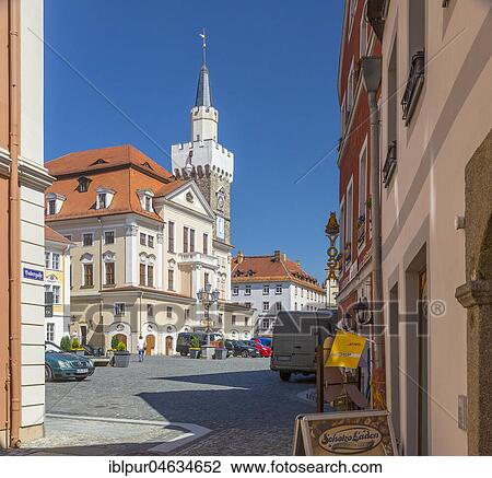 Stock Image - View from the Badergasse to the market with the town hall, Löbau, Saxony, Germany, Europe. Fotosearch