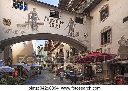 View into an alley of the the historic centre with a restaurant, Romerhofgasse, Kufstein District, Tyrol, Austria, Europe View Large Photo Image Picture - View into an alley of the the historic centre with a restaurant, Romerhofgasse, Kufstein District, Tyrol, Austria, Europe. Fotosearch