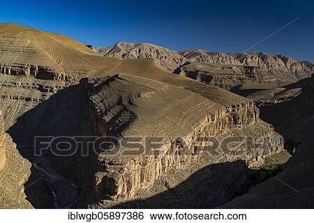 Stock Photograph - View of canon-like erosion landscapes in the upper Dade Valley near Msemrir, High Atlas, Southern Morocco, Morocco, Africa. Fotosearch