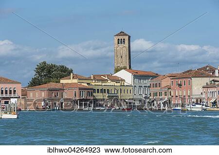 Stock Image - View of Murano Island with steeple Sante Maria e Donato, entrance to Canale S. Giovanni, Venice, Veneto, Italy, Europe. Fotosearch