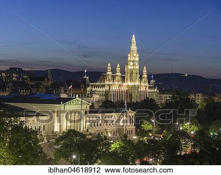 View of Parliament and City Hall at night, Vienna, Austria, Europe View Large Photo Image Stock Image - View of Parliament and City Hall at night, Vienna, Austria, Europe. Fotosearch
