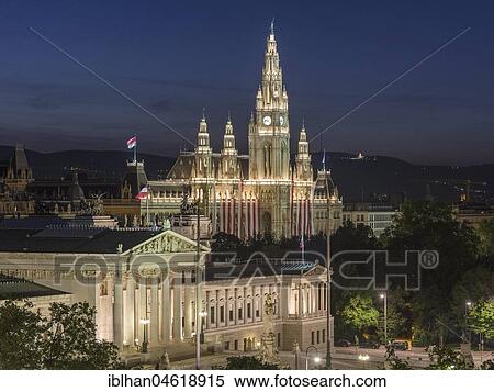 View of Parliament and City Hall at night, Vienna, Austria, Europe View Large Photo Image Stock Photography - View of Parliament and City Hall at night, Vienna, Austria, Europe. Fotosearch