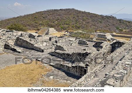 Stock Photography - View of storage chamber foundations from star pyramid, Ruins of Xochicalco, Cuernavaca, Morelos, Mexico, North America. Fotosearch