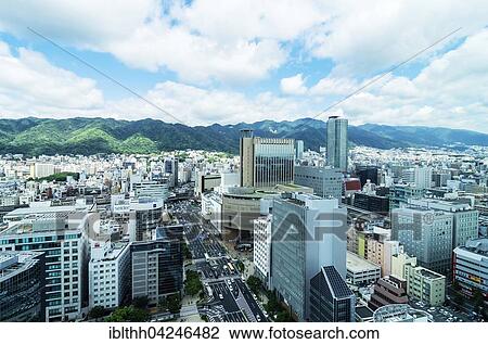 Stock Image - View of the town from above, from the local mountain Rokko, Kobe, Honshu, Japan, Asia. Fotosearch