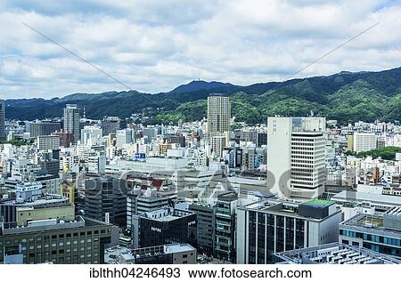Stock Image - View of the town from above, from the local mountain Rokko, Kobe, Honshu, Japan, Asia. Fotosearch