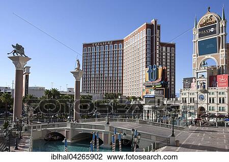 Stock Image - View of Treasure Island from The Venetian Hotel, Las Vegas, Nevada, USA, North America. Fotosearch
