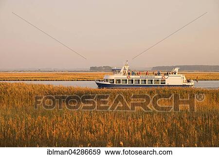 Stock Photo - View towards island Kirr, excursion boat in the Barth Bodden lagoon, Fischland-Darss-Zingst, Western Pomerania Lagoon Area National Park, Mecklenburg-Western Pomerania, Germany, Europe. Fotosearch
