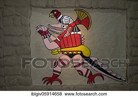 Wall painting, colorful mythical creature half crocodile half condor, Moche culture, Huaca Rajada, near Chiclayo, Lambayeque region, Peru, South America View Large Photo Image Stock Photo - Wall painting, colorful mythical creature half crocodile half condor, Moche culture, Huaca Rajada, near Chiclayo, Lambayeque region, Peru, South America. Fotosearch