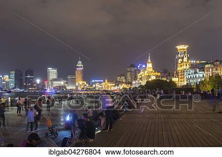 Picture - Waterfront The Bund with skyline at night, Shanghai, China, Asia. Fotosearch