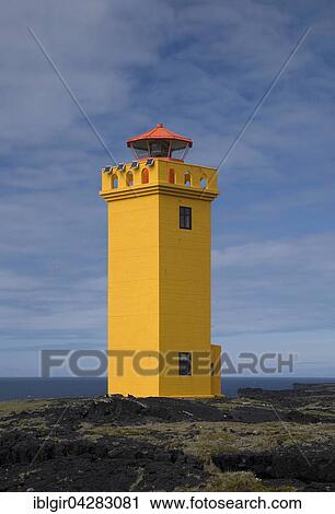Stock Image - Yellow Lighthouse Skalasnagi, Iceland, Europe. Fotosearch