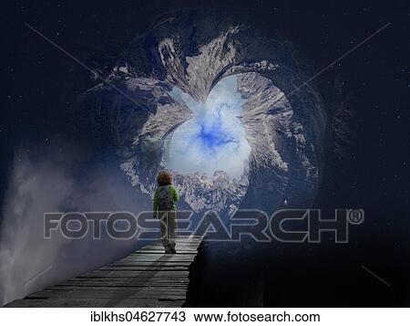 Young woman walks in a surreal fantasy scene in a universe with distorted mountain scenery, picture-composing View Large Photo Image Stock Image - Young woman walks in a surreal fantasy scene in a universe with distorted mountain scenery, picture-composing. Fotosearch