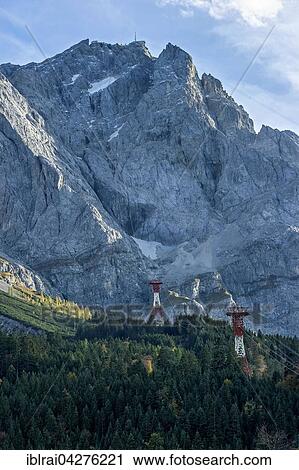 Stock Image - Zugspitze summit, Eibsee cable car below, Grainau, Wetterstein mountains, Werdenfelser Land, Upper Bavaria, Bavaria, Germany, Europe. Fotosearch