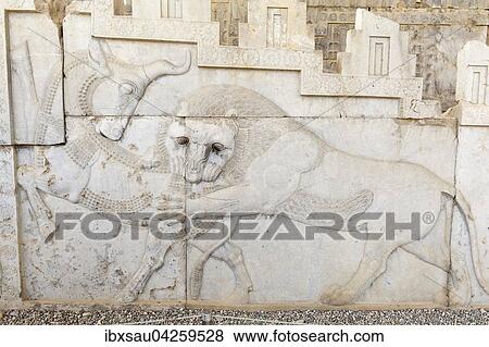 Antikes Relief der Achameniden, Lowe fangt Stier, Apadana, Palast, archaologische Ausgrabungsstatte, altpersische Residenzstadt Persepolis, UNESCO Weltkulturerbe, Provinz Fars, Iran View Large Photo Image Stock Photo - Antikes Relief der Achameniden, Lowe fangt Stier, Apadana, Palast, archaologische Ausgrabungsstatte, altpersische Residenzstadt Persepolis, UNESCO Weltkulturerbe, Provinz Fars, Iran. Fotosearch