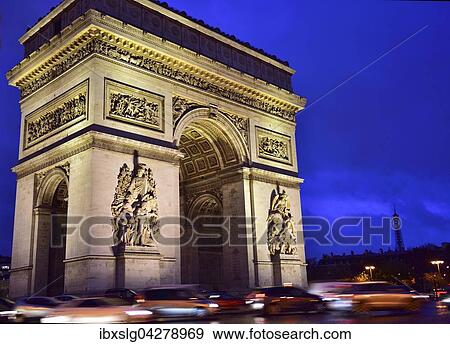 Beleuchteter Triumphbogen Arc de Triomphe mit Verkehr, Nachtaufnahme, Place de Charles de Gaulle, Paris, Ile-de-France, Frankreich, Europa View Large Photo Image Stock Photo - Beleuchteter Triumphbogen Arc de Triomphe mit Verkehr, Nachtaufnahme, Place de Charles de Gaulle, Paris, Ile-de-France, Frankreich, Europa. Fotosearch