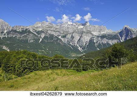 Stock Photo - Blick uber Tal in Richtung Radohima Thethi und Arapi Berg, Theth, Thethi Nationalpark, Albanische Alpen, Balkan, Albanien, Europa. Fotosearch