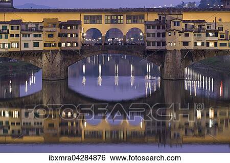 Brucke Ponte Vecchio uber den Arno mit symmetrischer Wasserspiegelung, Blaue Stunde, Florenz, Toskana, Italien, Europa View Large Photo Image Stock Photograph - Brucke Ponte Vecchio uber den Arno mit symmetrischer Wasserspiegelung, Blaue Stunde, Florenz, Toskana, Italien, Europa. Fotosearch