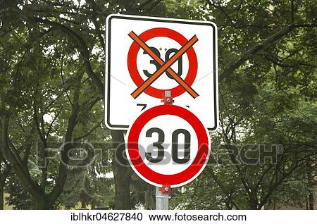 Stock Image - Bureaucracy, Road sign Tempo 30, Germany, Europe. Fotosearch
