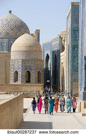 Stock Photo - Colourful dressed women necropolis Shah-i-Zinda Samarkand Uzbekistan. Fotosearch