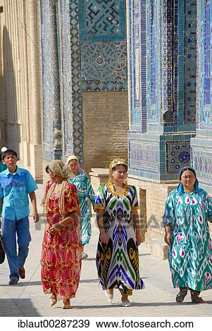 Stock Photo - Colourful dressed women necropolis Shah-i-Zinda Samarkand Uzbekistan. Fotosearch