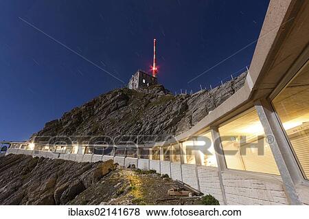 Stock Photo - Covered pathway to the summit of Santis Mountain in full moonlight, Appenzell Outer Rhodes, Switzerland, Europe, PublicGround, Europe. Fotosearch