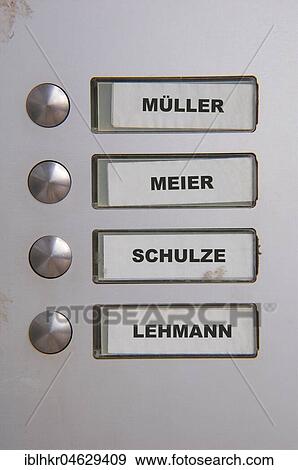 Door bell nameplates with frequent German name Müller Meier Schulze Lehmann, Berlin, Germany, Europe View Large Photo Image Stock Photo - Door bell nameplates with frequent German name Müller Meier Schulze Lehmann, Berlin, Germany, Europe. Fotosearch