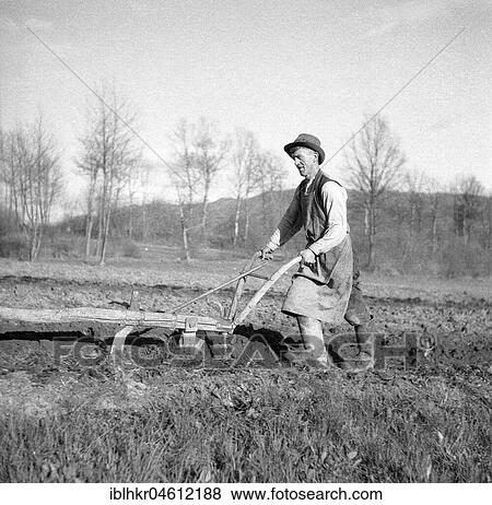 Stock Photo - Farmer with an old wooden plough, near Freiburg ca. 1945 to 1955. Fotosearch