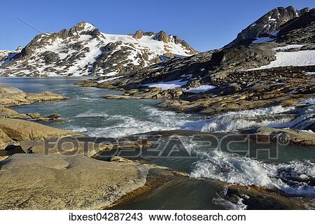 Stock Image - Fluss am in Sammileq Fjord, Ammassalik Insel, Gronland, Nordamerika. Fotosearch