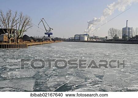 Stock Image - Frozen, icy Dortmund-Ems Canal, harbour, Dortmund, Ruhr Area, North Rhine-Westphalia, Germany, Europe, PublicGround, Europe. Fotosearch