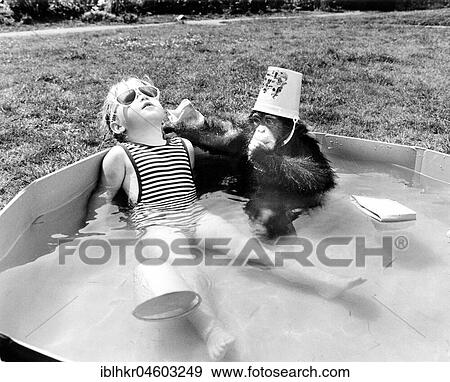 Girl with monkey sitting relaxed in the swimming pool and bathing in the sun, England, Great Britain View Large Photo Image Stock Photo - Girl with monkey sitting relaxed in the swimming pool and bathing in the sun, England, Great Britain. Fotosearch