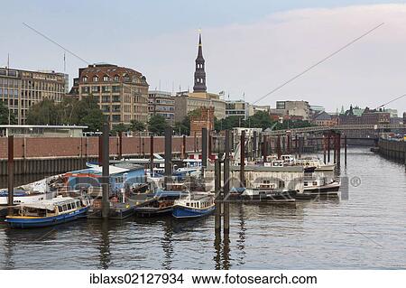 Picture - Hamburg's inland harbour with barges and fleet boats, Hamburg, Germany, Europe. Fotosearch