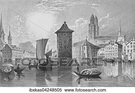 Stock Photography - Historische Stadtansicht, Stahlstich, Limmat und Grossmunster um 1835, Zurich, Schweiz, Europa. Fotosearch