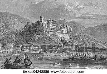 Stock Photography - Historische Stadtansicht, Stahlstich, Heidelberger Schloss, Heidelberg, um 1845, Baden, Deutschland, Europa. Fotosearch