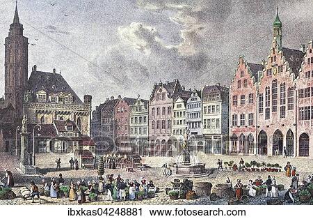Stock Image - Historische Stadtansicht, Farblithografie, Romerberg um 1840, Frankfurt am Main, Hessen, Deutschland, Europa. Fotosearch