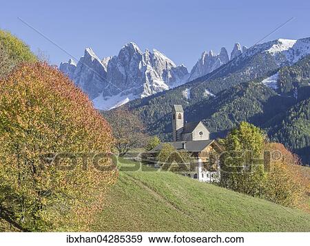Kirche St. Jakob und Geislergruppe, Villnosstal, Sudtirol, Italien, Europa View Large Photo Image Stock Photo - Kirche St. Jakob und Geislergruppe, Villnosstal, Sudtirol, Italien, Europa. Fotosearch