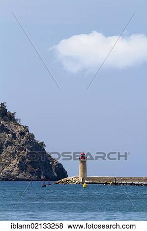 Stock Photo - Lighthouse at the harbour entrance from Port Andratx, Majorca, Balearic Islands, Spain, Europe. Fotosearch