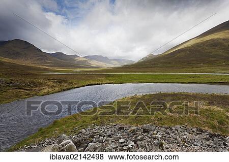 Stock Photo - Looking west from the head of Loch Cluanie along Glen Shiel in the Scottish Highlands, with the meandering Cluanie River, Scotland, United Kingdom, Europe. Fotosearch