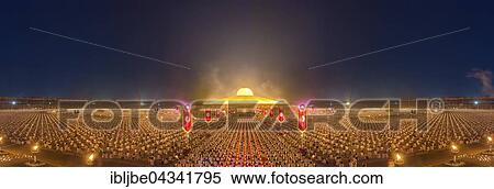 Stock Photography - Makha Bucha Day, Magha Puja Day, holiday of the Theravada Buddhists, mass event with monks and believers in the Wat Phra Dhammakaya temple, illuminated Chedi Mahadhammakaya Cetiya, Khlong Luang District, Pathum Thani, Bangkok, Thailand, Asia ***.... Fotosearch