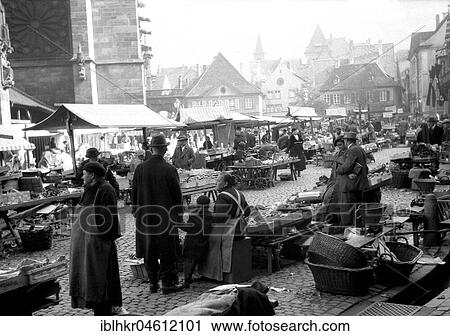 Stock Image - Marketplace in the Freiburg Old Town, Freiburger Münstermarkt, approx. 1945 to 1955, Freiburg, Germany, Europe. Fotosearch